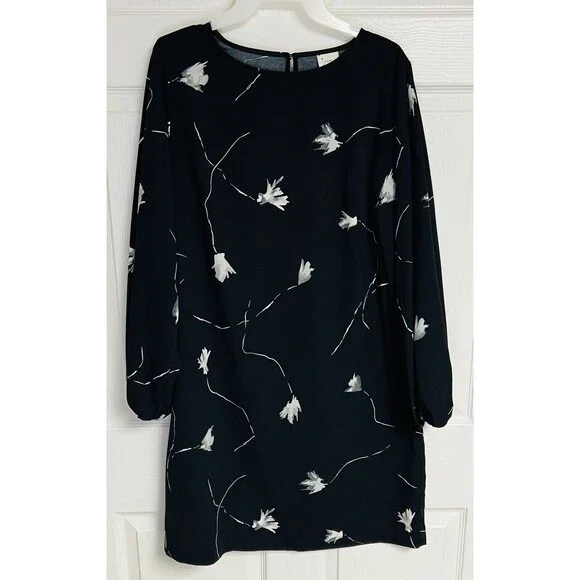 A New Day Women's Size Medium M Floral Print Long Sleeve Dress Black Floral - Picture 1 of 8